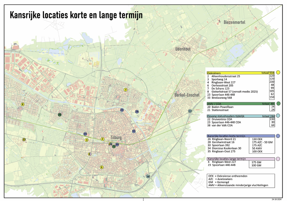 Een kaart van de kansrijke opvanglocaties binnen gemeente Tilburg